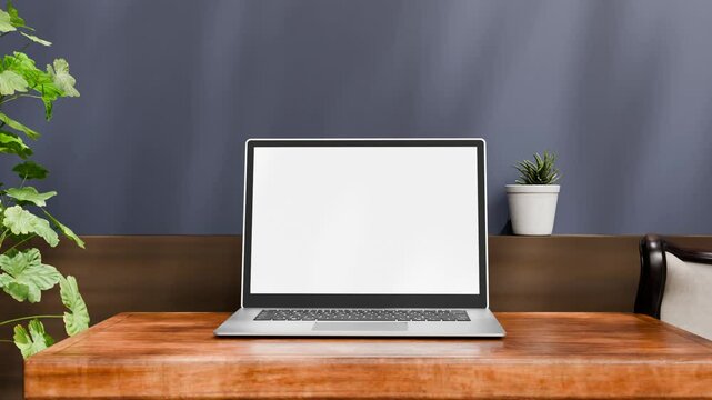 Modern Laptop computer slow zoom animation on desk with white screen. Empty Notebook High-quality 3D Animation room background