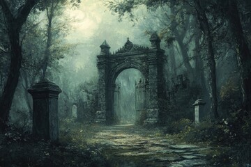 Obraz premium Stone Archway Leading Through a Foggy Forest