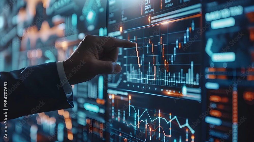 Poster business executive analyzing real time market data and financial graphs using holographic interface