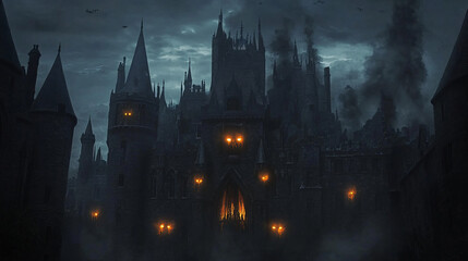 A haunted castle with overgrown courtyards, where nature has taken over the crumbling walls.