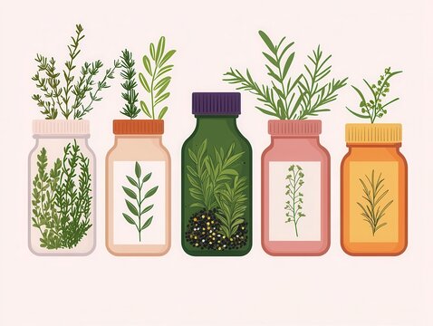 Organic herbs and spices stand, jars and bundles, flat design illustration