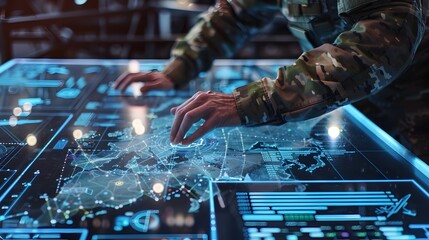 Military Strategist Commanding with Holographic Battlefield Interface