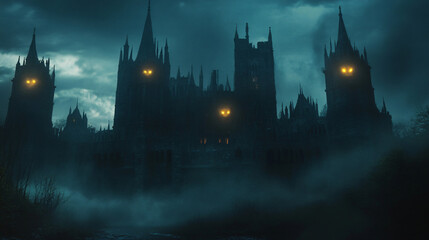 A haunted castle with overgrown courtyards, where nature has taken over the crumbling walls.