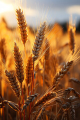 A golden field of wheat, ripe ears in the summer wind swaying