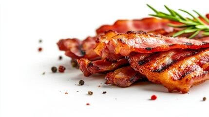 Crispy bacon strips garnished with fresh rosemary on a white background.