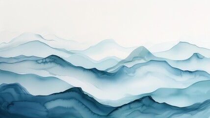 Abstract watercolor painting of blue mountains in a minimalist style.