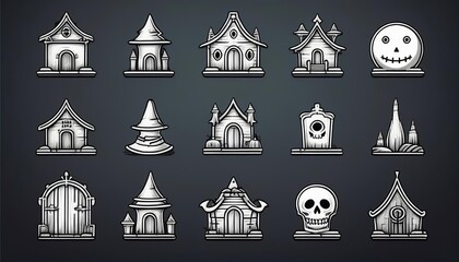 Classic Halloween Icons: A set of simple, flat icons featuring classic Halloween symbols like a pumpkin, ghost, bat, witch hat, black cat, and spider.
