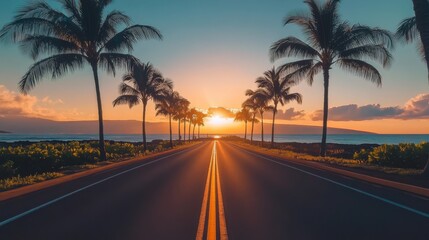 Sunrise over a Hawaiian road with palm trees lining the way