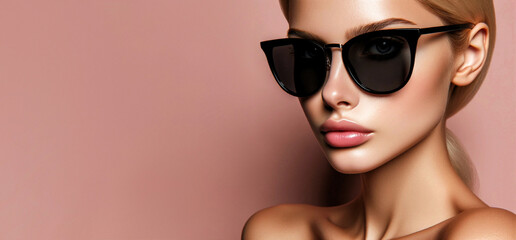 A portrait of a stylish blonde woman wear classic black sunglasses against a pink background, exuding elegance and modern fashion vibes.