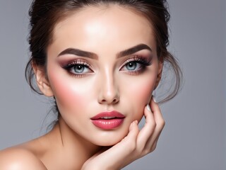 Fototapeta premium A close-up portrait of a woman with flawless makeup and a soft expression, emphasizing beauty and elegance.