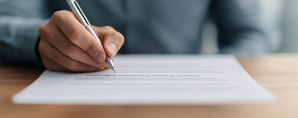Arbitration agreement document with digital signatures, symbolizing modern online dispute resolution, tech and law concept. Hand holding pen, writing on document, wooden table, professional workspace.