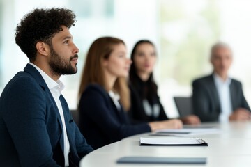 Group of diverse professionals sitting in a round-table discussion, mediating a business dispute, collaboration and resolution concept