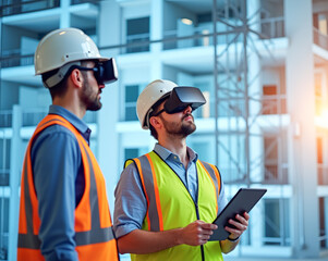 A construction engineer on a construction site wearing virtual reality glasses