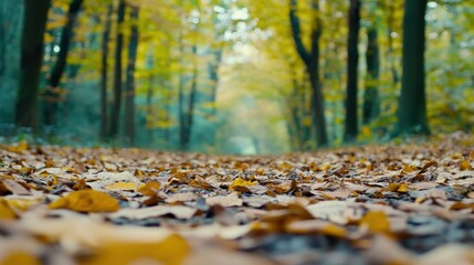 A path of leaves on the ground in a forest, AI