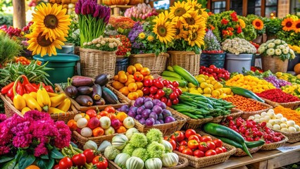 Vibrant farmer's market with colorful fruits, vegetables, and fresh flowers, farmers market, vibrant, colorful, fresh, produce