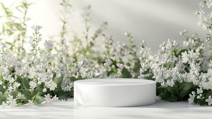 White Podium for Flower Products with Spring Table and Garden Background