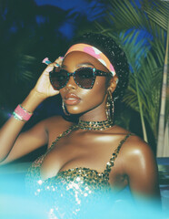 Naklejka premium Sunset Glow: A radiant woman with sleek braids, shimmering attire, and stylish sunglasses, captured in a captivating portrait filled with tropical vibes.