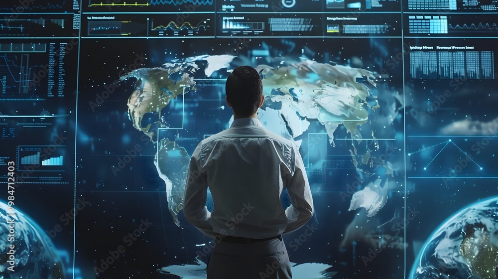 Poster environmental scientist monitoring climate change data through holographic interface