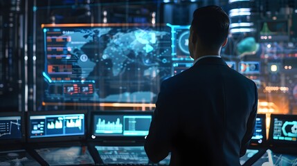 Security expert monitoring holographic surveillance interface with real time threat analysis data