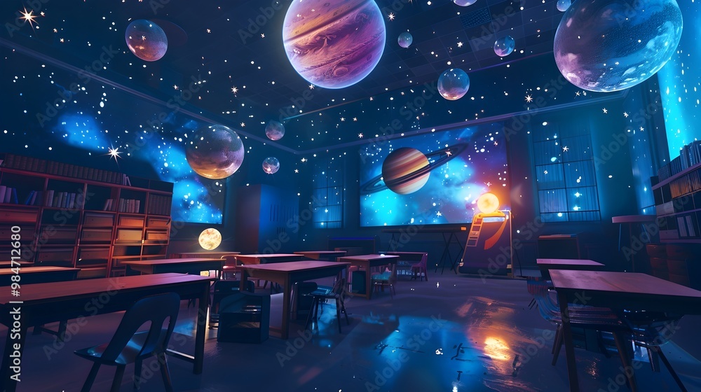 Poster virtual reality classroom with students exploring the solar system and space