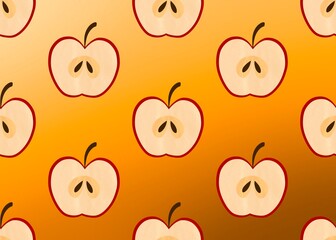 Seamless pattern with apples. Apple pattern. A juicy apple slice on a orange gradient background.