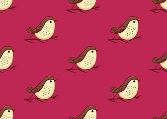 Seamless pattern with birds. Birds on a branch. A brown and white bird on a pink background.
