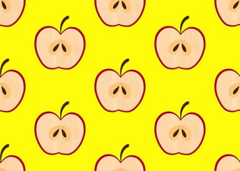 Seamless pattern with apples. Apple pattern. A juicy apple slice on a yellow background.