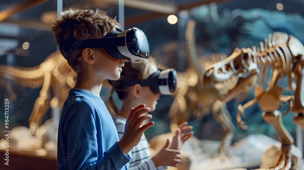 Poster children exploring extinct animals in virtual reality classroom