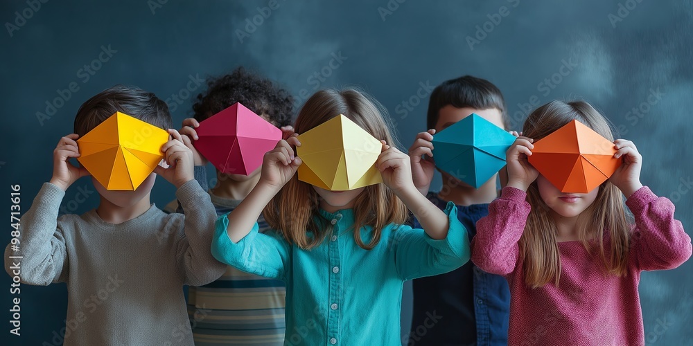 Wall mural a group of children wearing paper masks. the children are wearing different colored masks, and they 