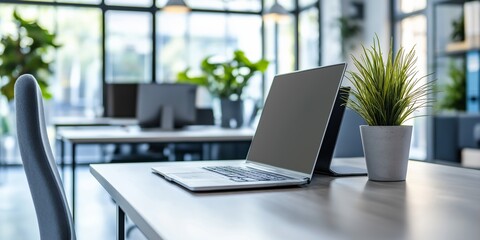 A laptop is on a desk next to a potted plant. The scene is set in a modern office with a lot of natural light coming in from the windows. The desk is clean and organized