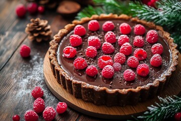 A chocolate cake with raspberries on top. The cake is sitting on a wooden plate with a few raspberries scattered around it