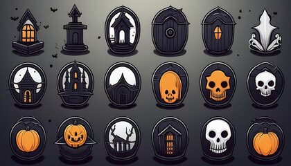 Classic Halloween Icons: A set of simple, flat icons featuring classic Halloween symbols like a pumpkin, ghost, bat, witch hat, black cat, and spider.