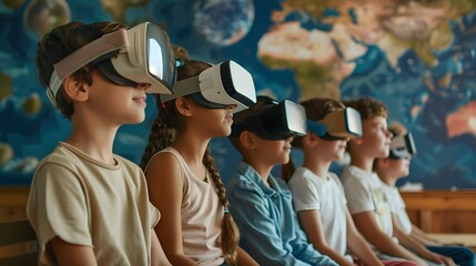 Obraz premium Children Exploring Virtual Reality Sociology Classroom with Cultural Immersion