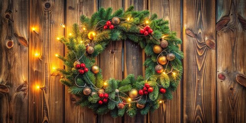 Christmas wreath adorned with lights and decorations hanging on a wooden door, festive, holiday, seasonal, home decor