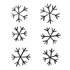 Set of snowflakes hand drawn with black marker in sketch style, vector set