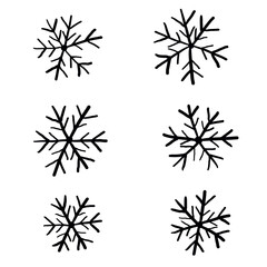 Set of snowflakes hand drawn with black marker in sketch style, vector set