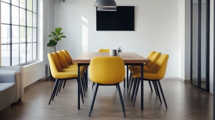 Yellow dining chairs around a wooden table, modern and chic,