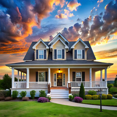 a house with a large front porch and a sky
