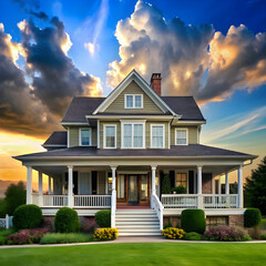 a house with a large front porch and a sky