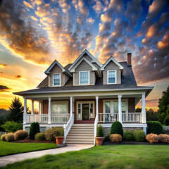 a house with a large front porch and a sky