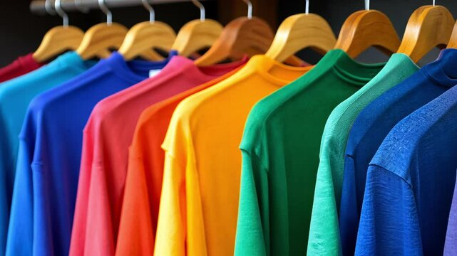 A vibrant array of t-shirts hangs neatly on wooden hangers, highlighting the latest summer fashion. The various colors catch the eye, inviting shoppers to explore.