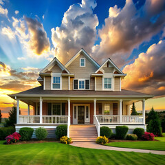 a house with a large front porch and a sky