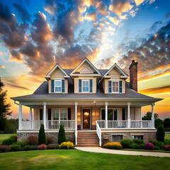 a house with a large front porch and a sky