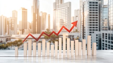 Fototapeta premium A financial visualization showcases a downward trend in stock prices with red arrows and bar graphs overlaying a city business center, illustrating market fluctuations and economic concerns