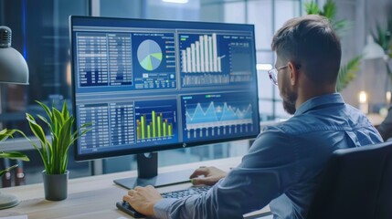 Analyst working with Business Analytics and Data Management System on computer to make report with KPI and metrics connected to database. Corporate strategy for finance, operations, sales, marketing