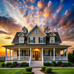 a house with a large front porch and a sky