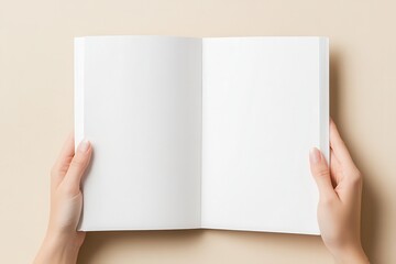 open magazine mockup, close up, high angle view, beige background