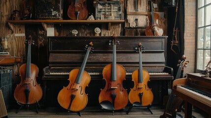 Naklejka premium Vintage music instruments setup, showcasing classic guitars, violins, and pianos in a warm, nostalgic atmosphere.