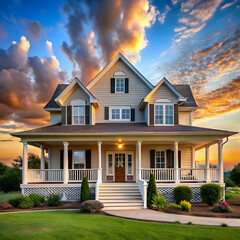a house with a large front porch and a sky