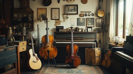 Vintage music instruments setup, showcasing classic guitars, violins, and pianos in a warm, nostalgic atmosphere.